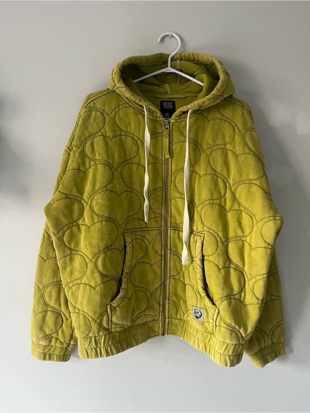 BDG Quilted Heart Zip Hoodie in Lime Green